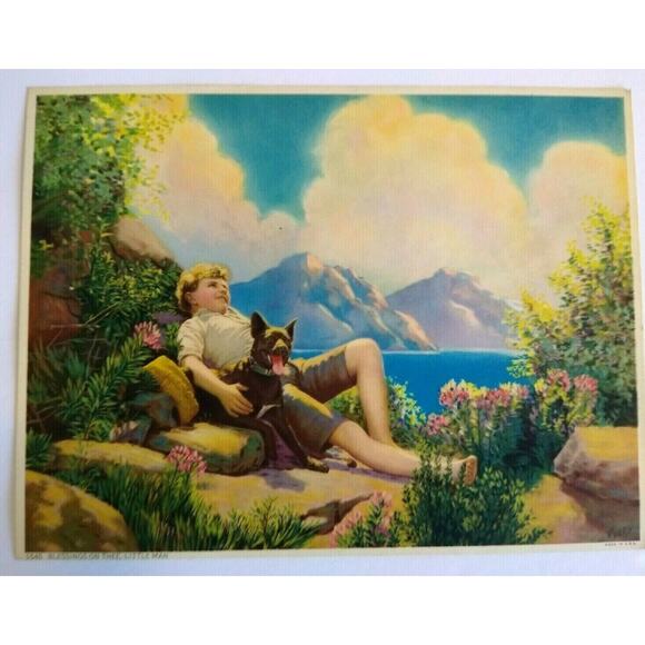 Boy Resting Black Dog Art Print Blessings On The Little Man Keedy Mountain Cliff - Picture 5 of 6